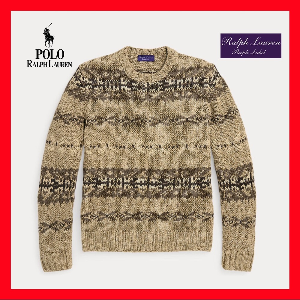 $1695 Ralph Lauren Purple Label Fair Isle Silk Sweater Tan Italy Mens Medium